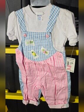 90s Hopscotch Blue & Pink Gingham Baby Overalls with White Shirt